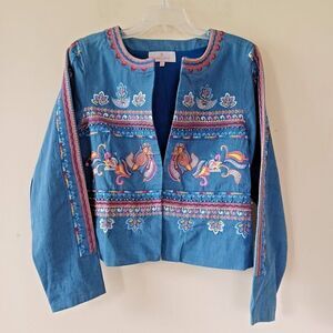 Chambray Jacket Sm Artsy Boho Coastal Western Folk Embroidered Blue Laurie Felt